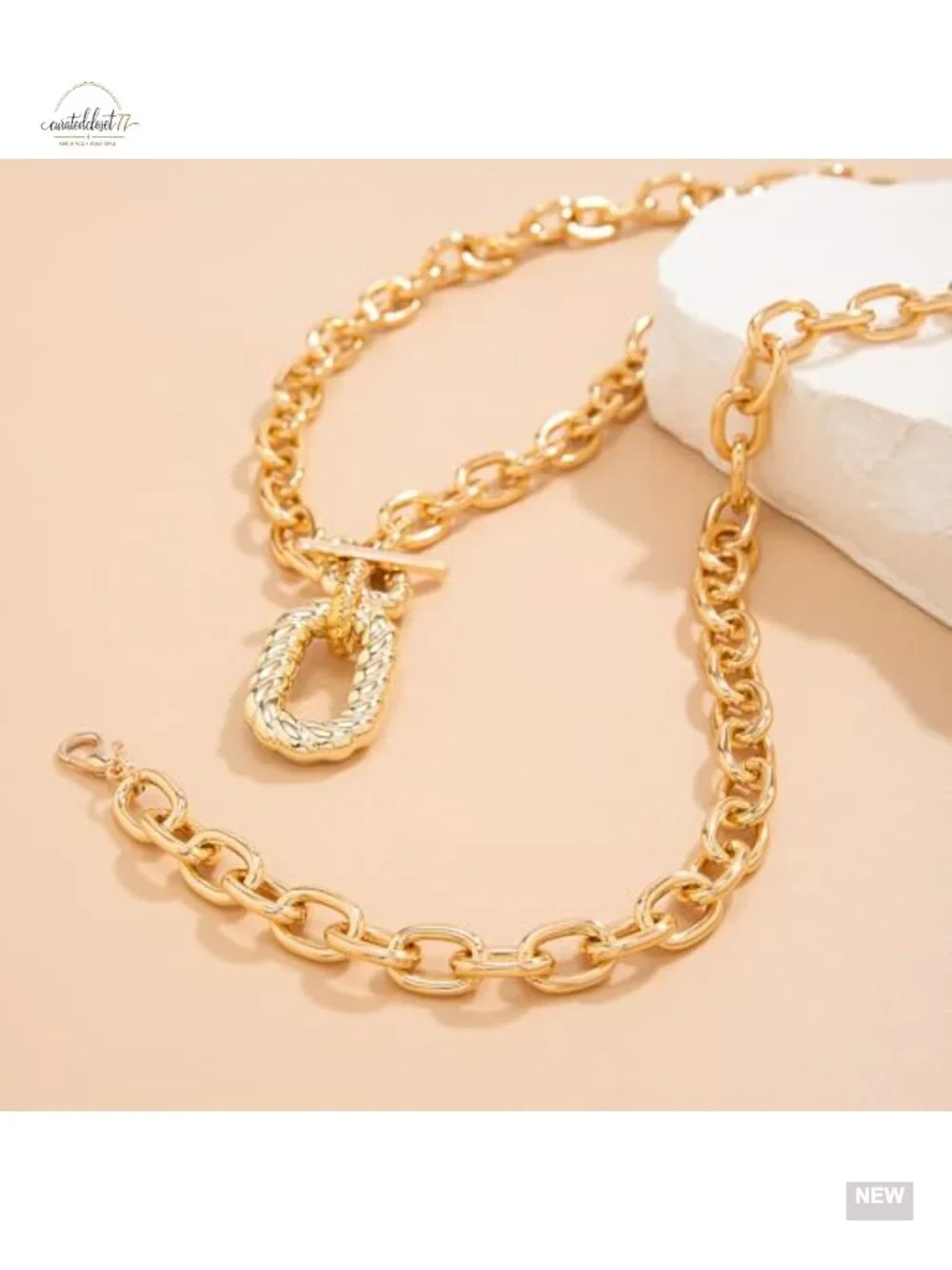 Chunky Gold Layered Necklaces Set - Minimalist Geometry Pendant Paperclip Chain